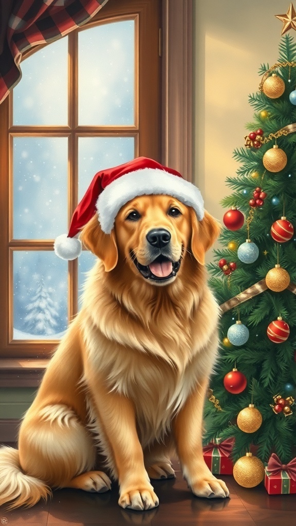 A golden retriever in a Santa hat next to a Christmas tree with snowflakes in the background.